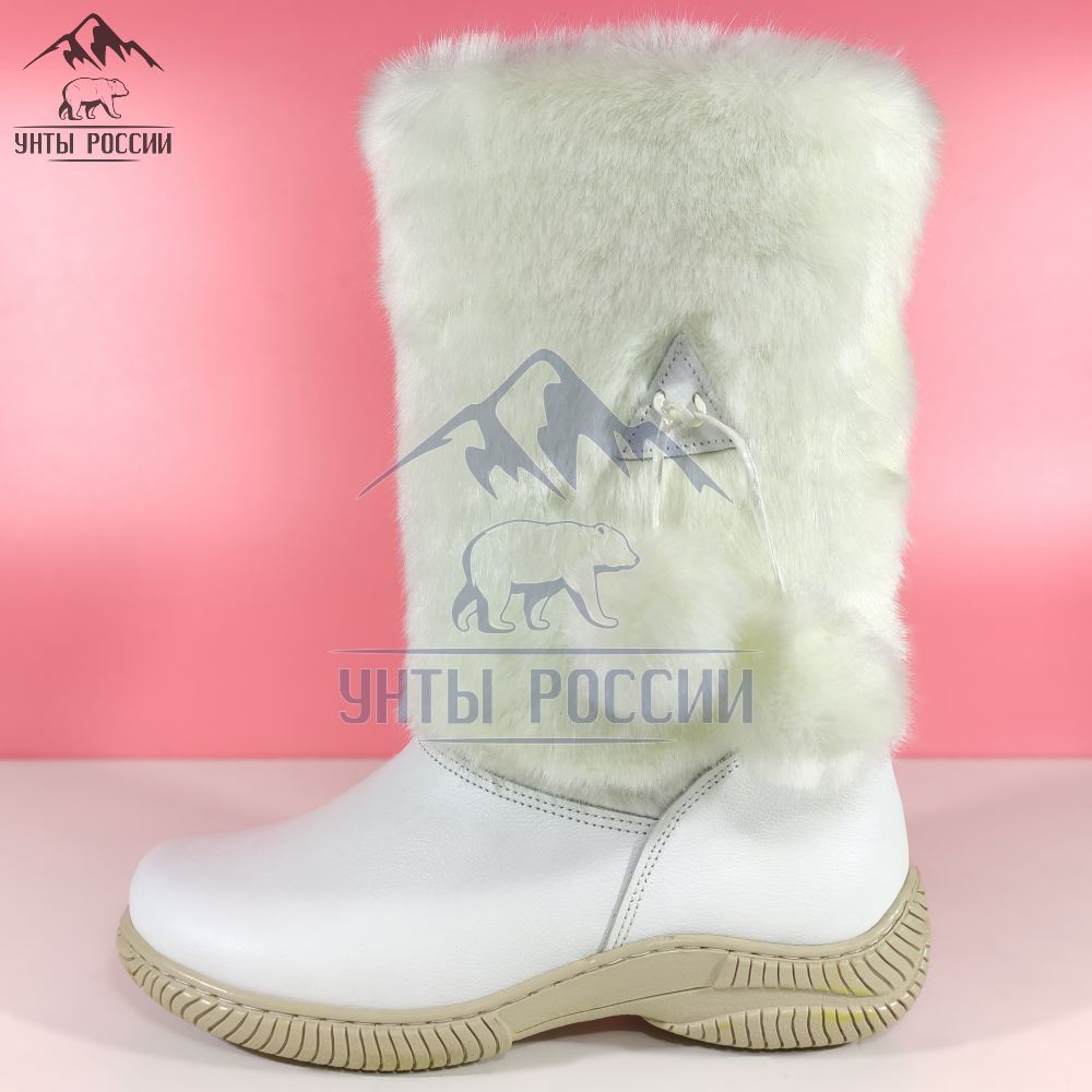 Унты женские натуральные белые кожаные с бубенчиками, литая подошва